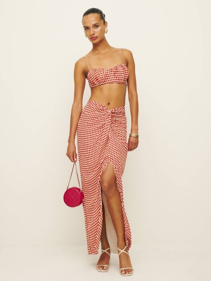 Nwt Rare Reformation Alana Two Piece Tomato Check Skirt Set - 8